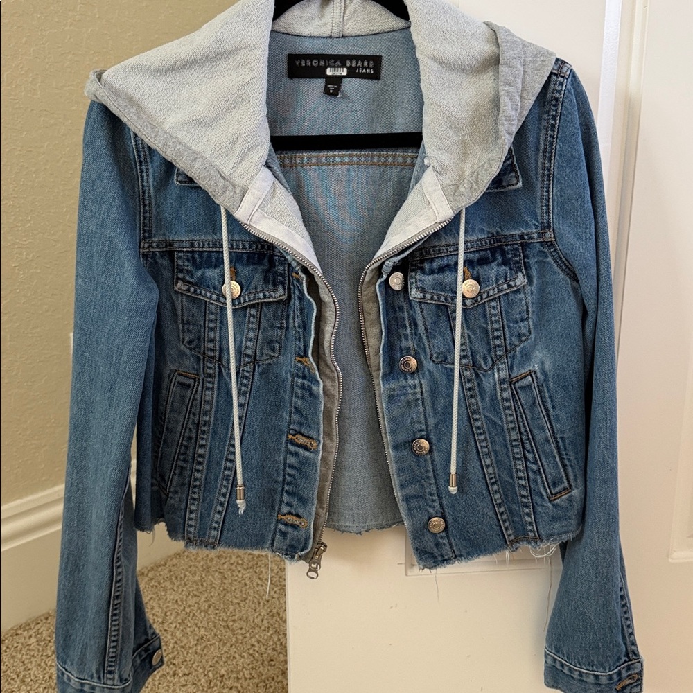 Veronica Beard Blue Jean Jacket with Gray Hoodie - Picture 2 of 6